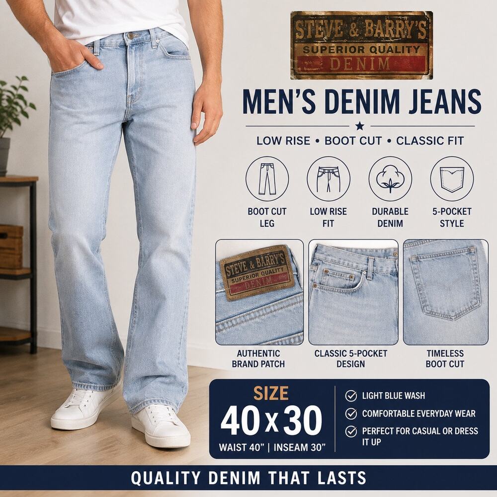 Steve & Barrys Mens Jeans 40x30 Light Wash Blue Denim Low Rise Bootcut Leg